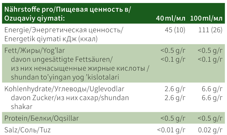 Состав и пищевая ценность сок Виви Алоэ Nahrin